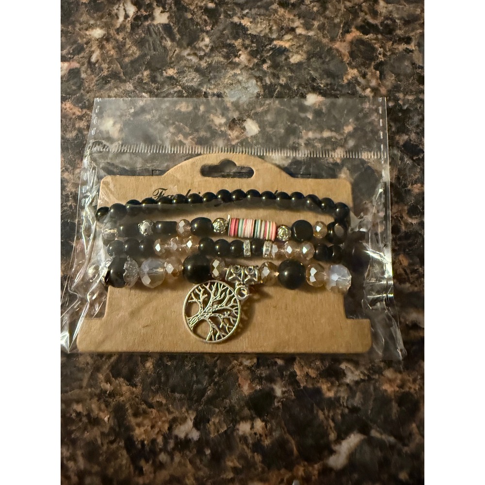 Black Beaded Stretch Bracelet Set Tree of‎ Life Charm Silver Tone 3 Piece Stack